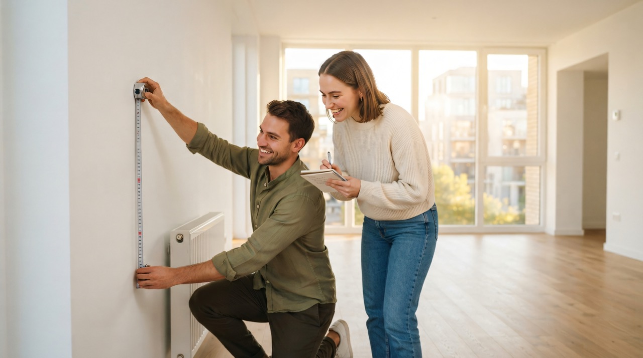 Young Couple Measuring Wall with Tape Measure in Empty Sunlit Apartment, Planning Furniture Arrangement and Interior Design in New House, Real Estate Commercial Stock Image