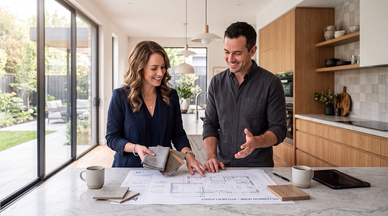 kitchen renovation couple design planning blueprint interior home remodeling architecture partners compare finish samples and plans while developing a modern residential makeover for realtor campaigns